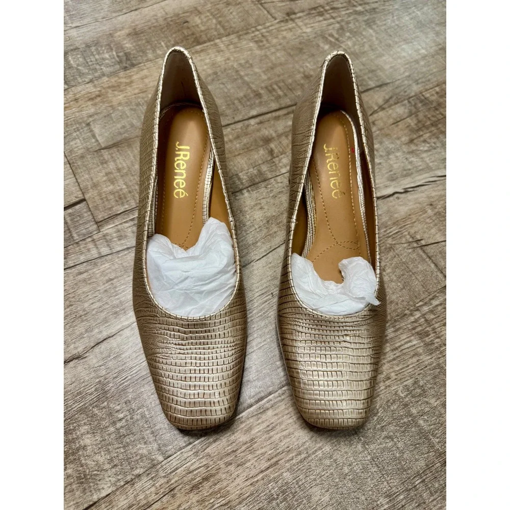 J. Renee Olivienne Pearl Beige Lizard Print Square Toe Block Heel Pumps  Size 6M